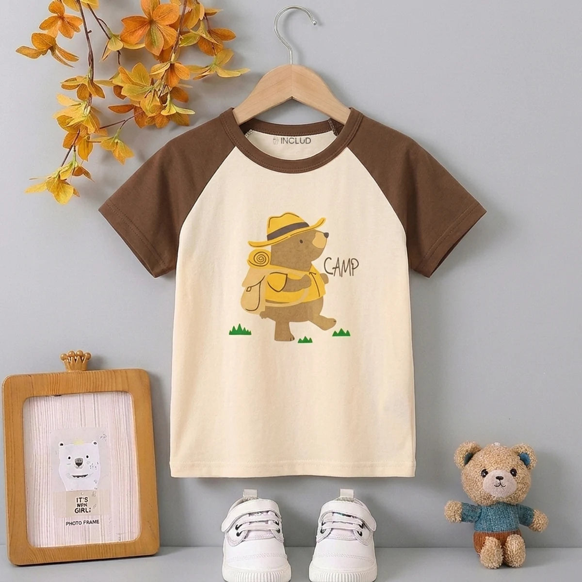 Boys Beige Bear Print Raglan Sleeve T-Shirt Tshirts Beige 1-2 Y