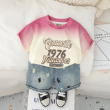 Boys Pink Ombre Printed T-Shirt With Denim Shorts Set