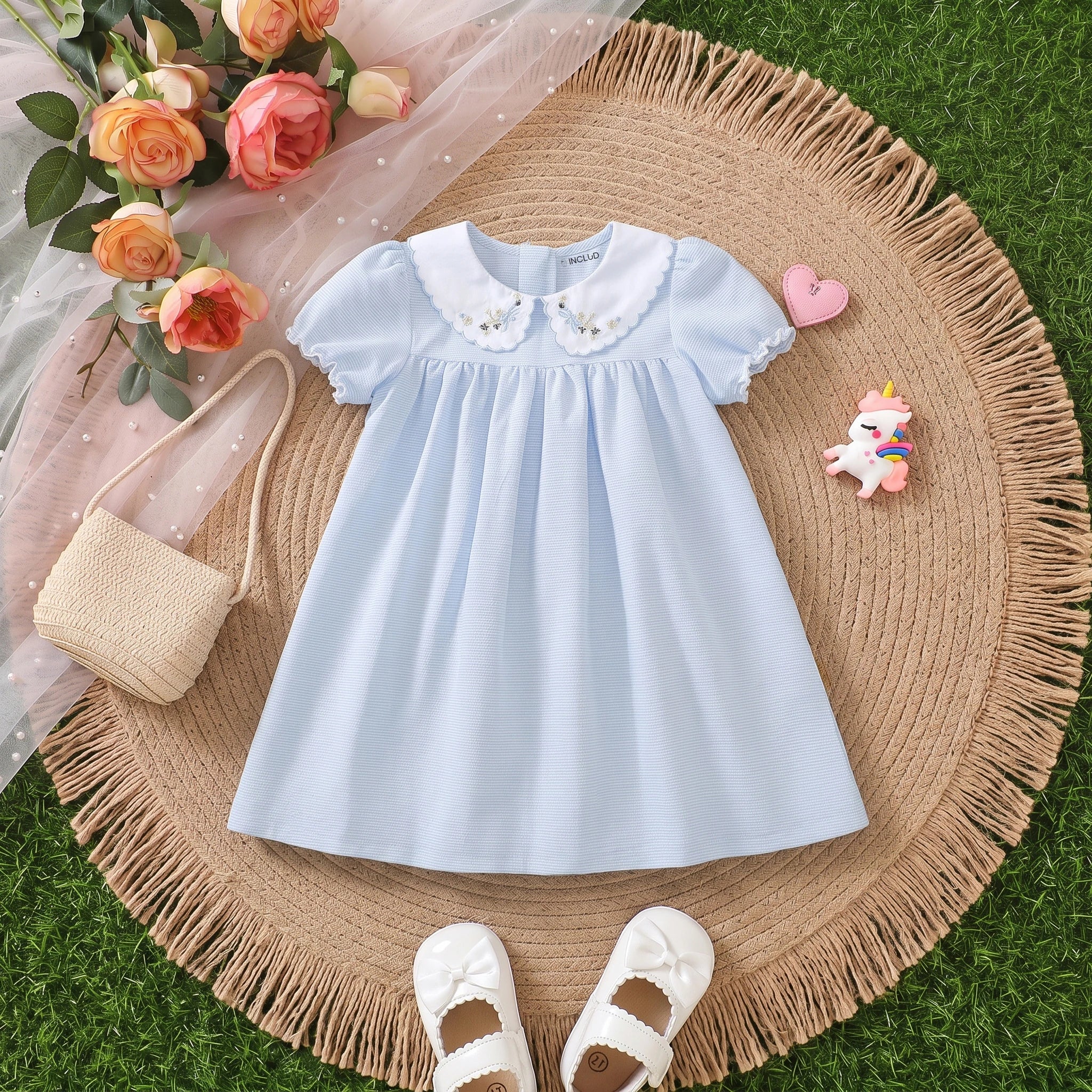 Girls Light Blue Puff Sleeve Pin Stripe Dress Casual Dresses Light Blue 1-2 Y