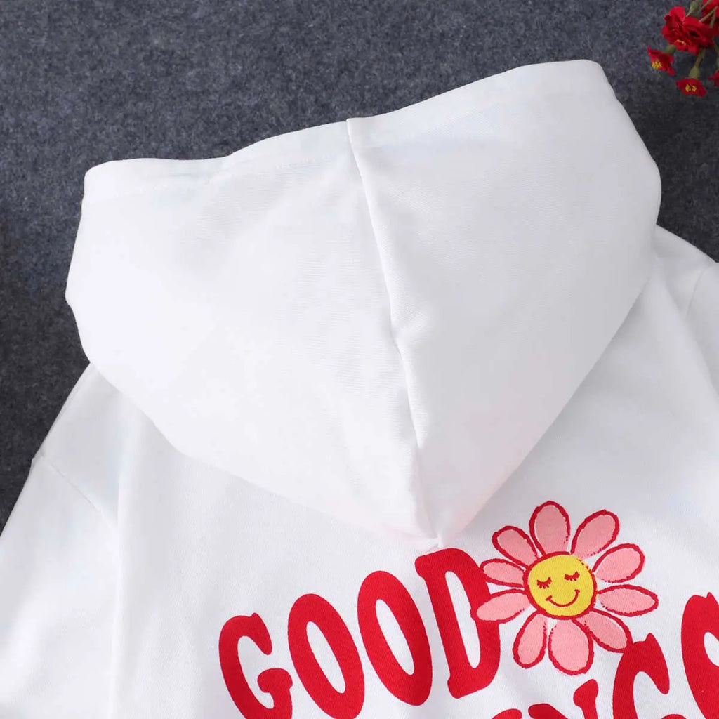 Girls White Typographic Printed Hooded Sweatshirt With Joggers Co-ord Sets 2 pc. Sets