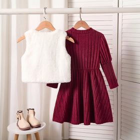 Girls Burgundy Textured Long Sleeve A-line Dress With Shrug Casual Dresses