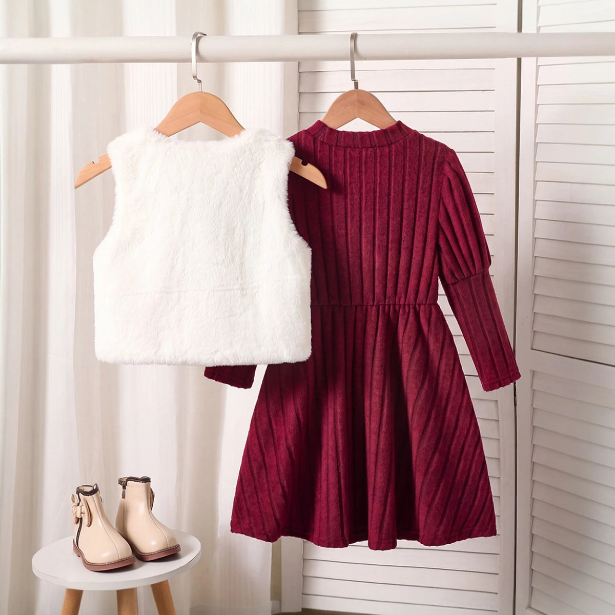 Girls Burgundy Textured Long Sleeve A-line Dress With Shrug Casual Dresses
