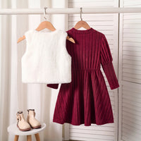 Girls Burgundy Textured Long Sleeve A-line Dress With Shrug Casual Dresses