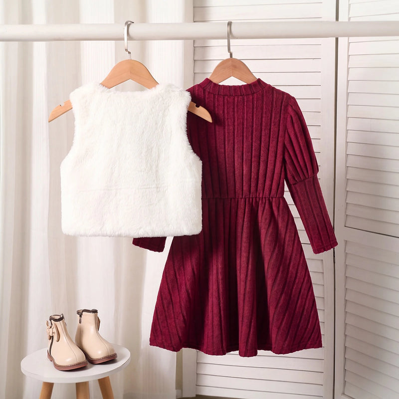 Girls Burgundy Textured Long Sleeve A-line Dress With Shrug Casual Dresses