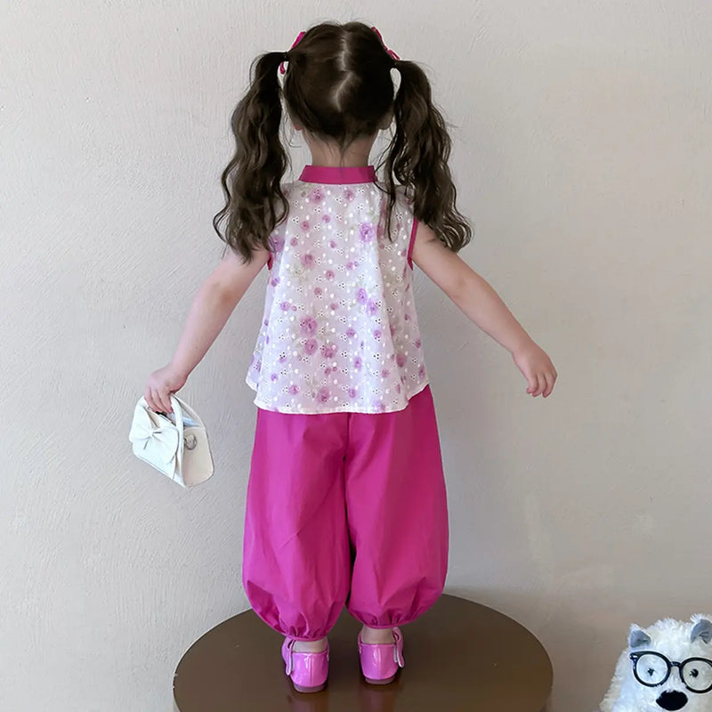Girls Magenta Schiffli Mandarin Collar Top With Pants Sets