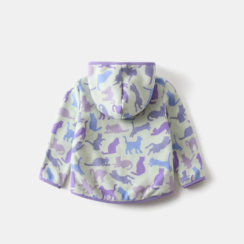 Boys Multicolor Cat Printed Fleece Hooded Zipper Jacket Coats & Jackets