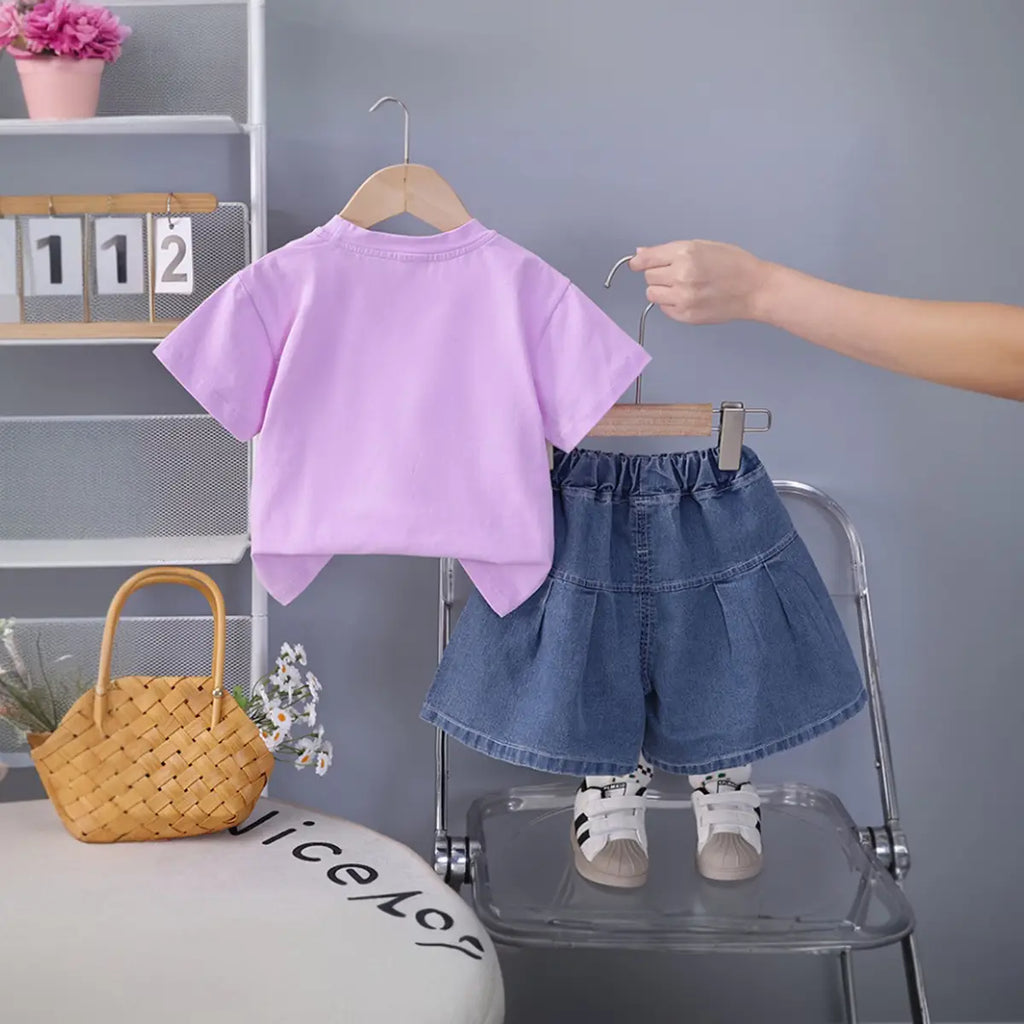 Girls Purple Flower Embellished T-Shirt With Denim Shorts Sets Sets