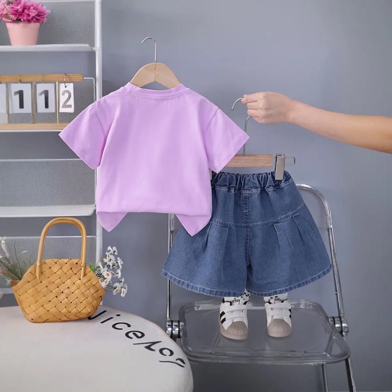 Girls Purple Flower Embellished T-Shirt With Denim Shorts Sets Sets