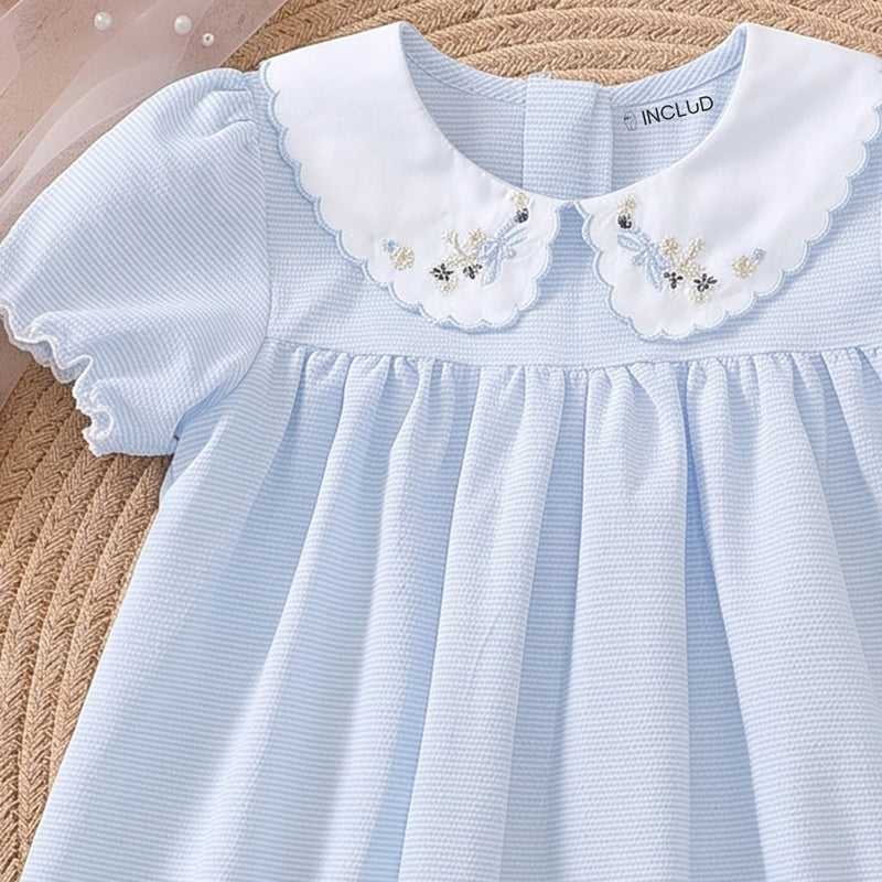 Girls Light Blue Puff Sleeve Pin Stripe Dress Casual Dresses