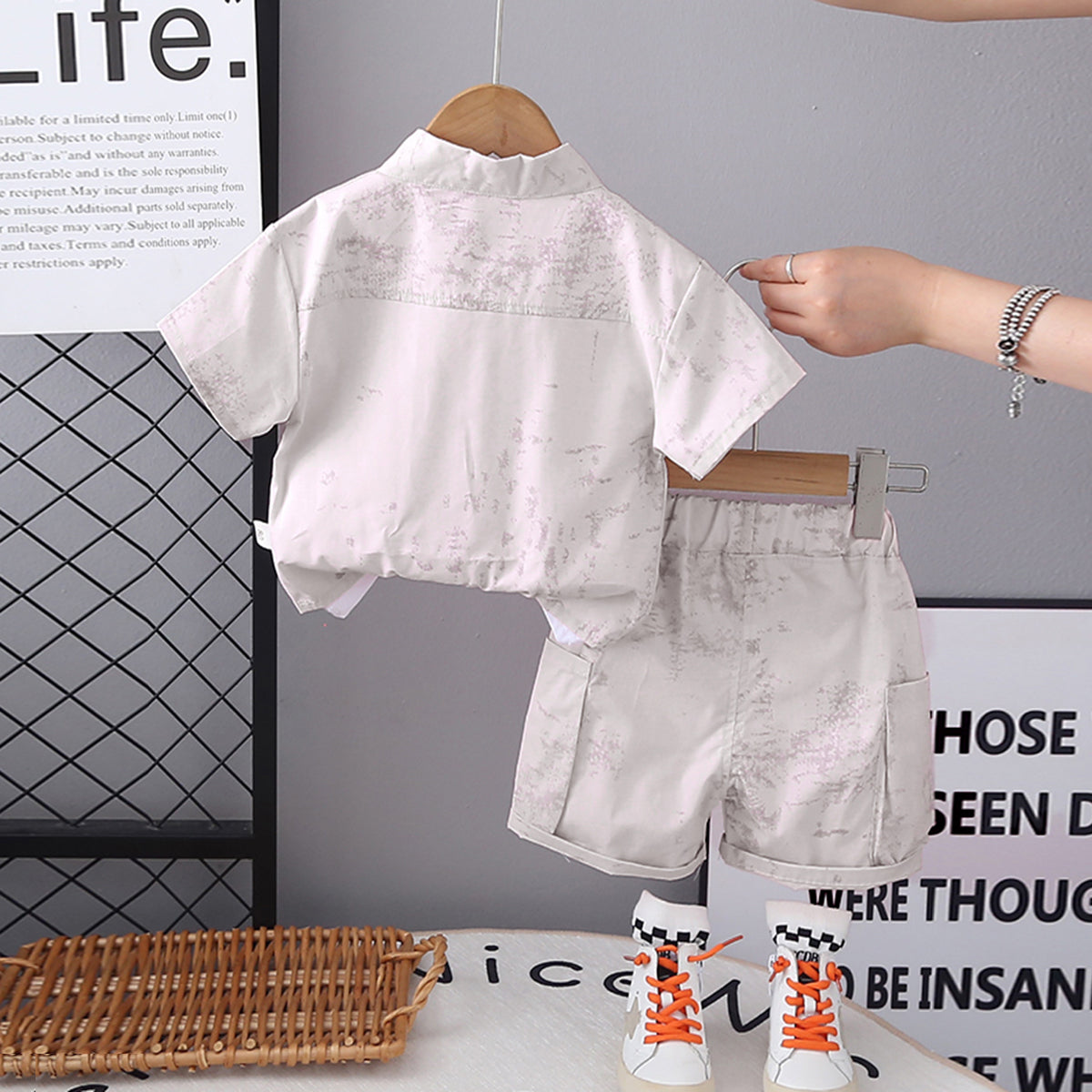 Boys Grey Tie & Dye Printed Shirt With Inner Tee And Cargo Shorts Set 3 pc. Sets