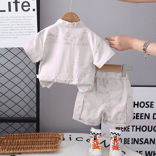 Boys Grey Tie & Dye Printed Shirt With Inner Tee And Cargo Shorts Set 3 pc. Sets