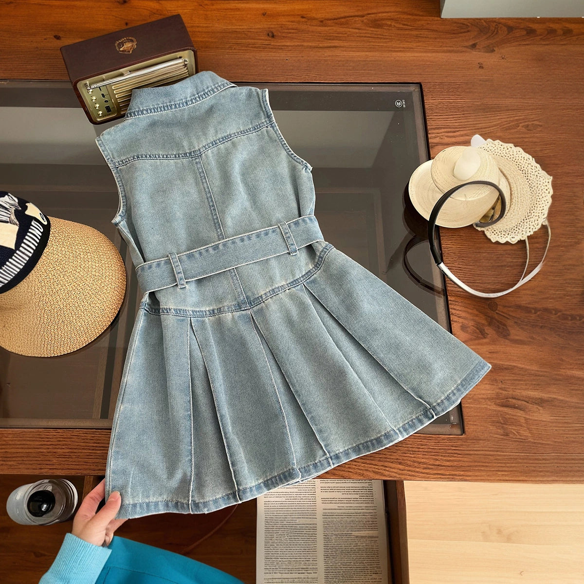 Girls Light Blue Sleeveless Pleated Hem Drop Waist Denim Dress Casual Dresses