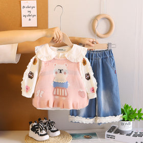 Girls Pink Embroidered Sleeveless Pullover With Top & Denim Pants Set Sets Pink 1-2 Y