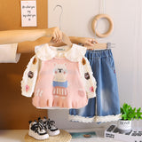 Girls Pink Embroidered Sleeveless Pullover With Top & Denim Pants Set