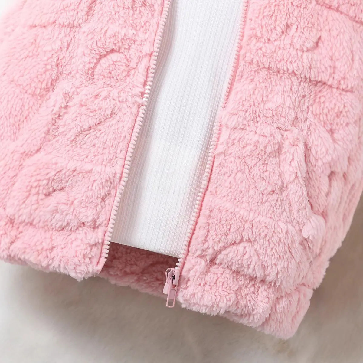 Girls Pink Fleece Hooded Zipper Jacket With Self-Design Heart Patterns Coats & Jackets