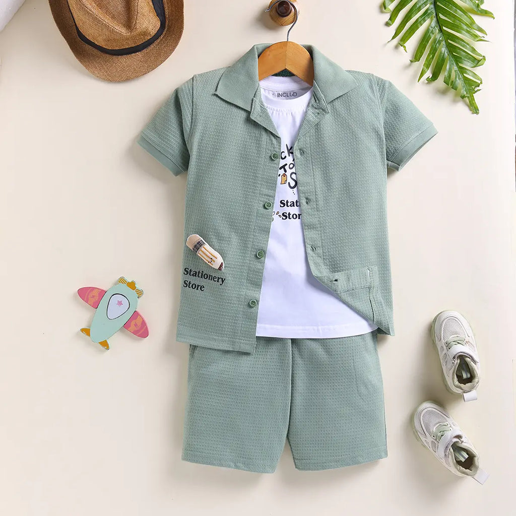 Boys Green Typographic Printed Short Sleeves Shirt With Elasticated Shorts And Printed T-shirt Sets 3 pc. Sets Green 1-2 Y