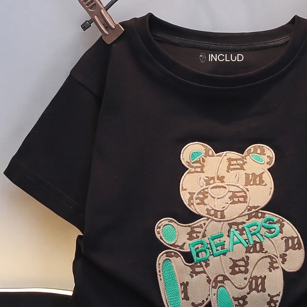 Boys Black Short Sleeve Bear Applique T-Shirt With Shorts Sets 2 pc. Sets