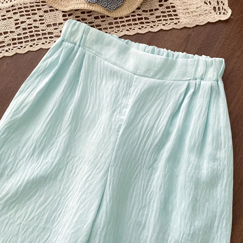 Girls Sea Green Textured Sleeveless Top with Wide Leg Pants Sets 2 pc. Sets