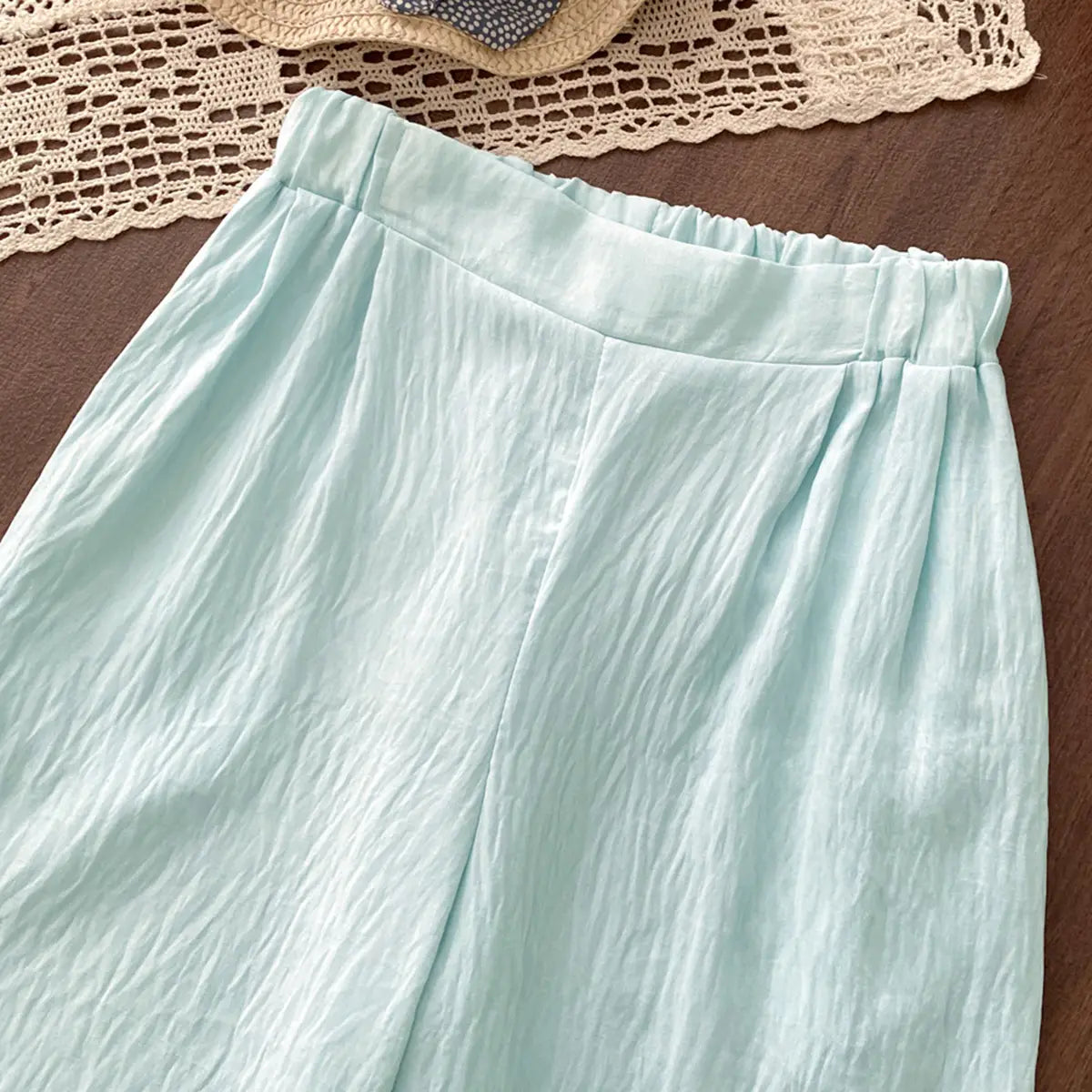 Girls Sea Green Textured Sleeveless Top with Wide Leg Pants Sets 2 pc. Sets