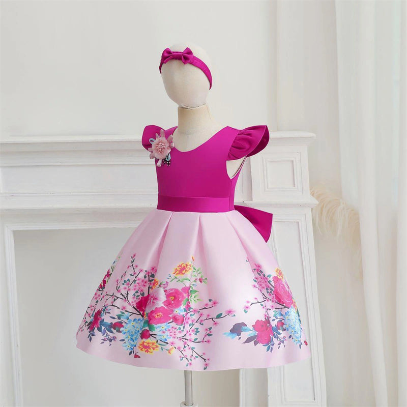 Girls Fuchsia Floral Print Flutter Sleeve Fit & Flare Party Wear Dress Party Dresses
