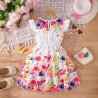 Girls White Floral Printed Fit & Flare Dress With Bow Detail Casual Dresses