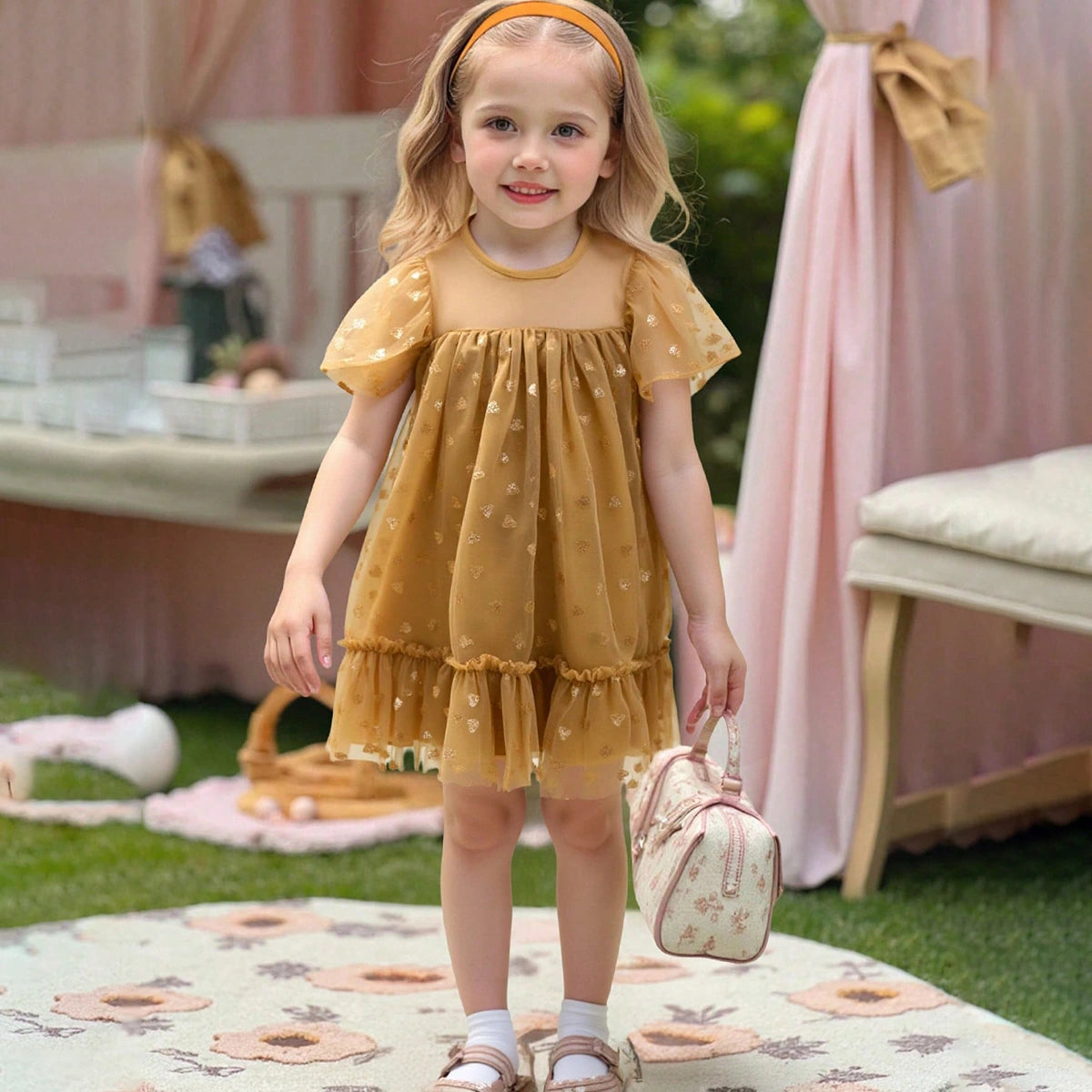 Girls Khaki Heart Print A-line Dress With Ruffle Hem Casual Dresses
