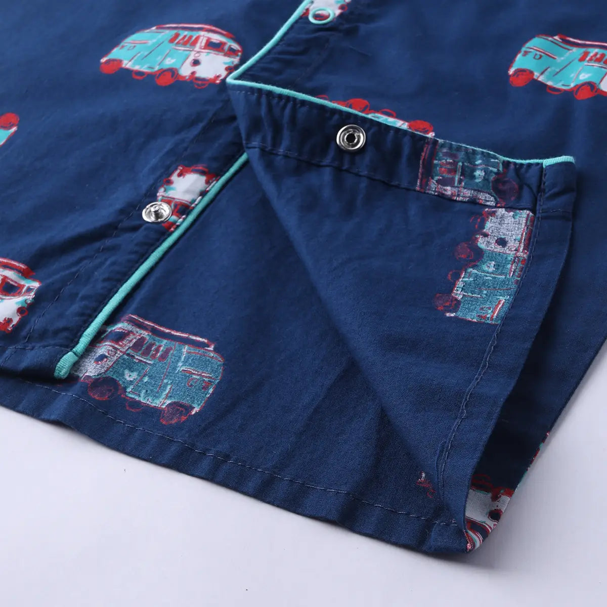 Girls Navy Blue Car Printed Short Sleeve Shirt With Printed Pyjama Sets Sets