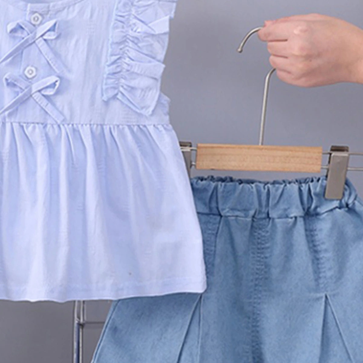 Girls Light Blue Self Design Top With Pleated Denim Shorts Set Sets