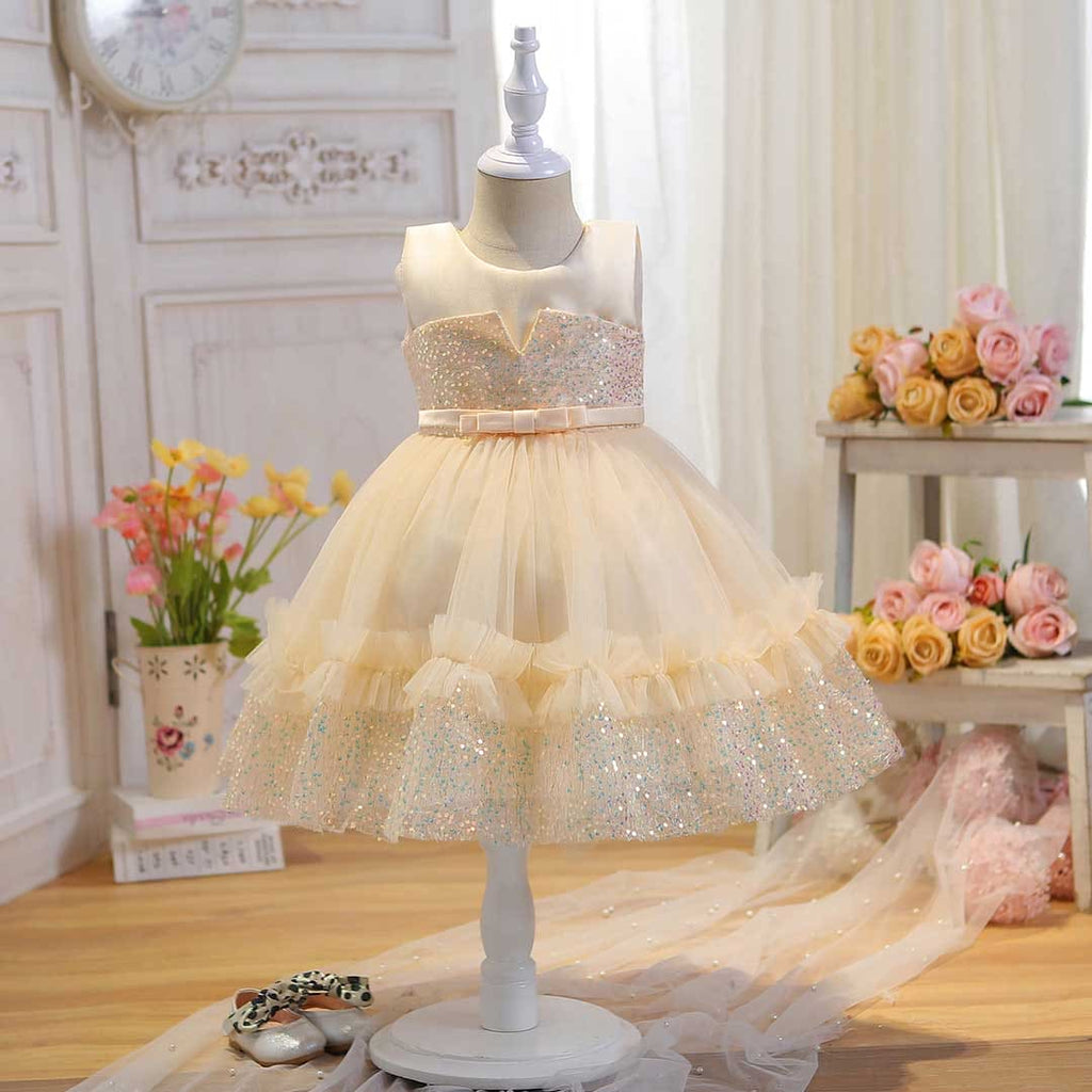 Girls Sleeveless Embellished Party Wear Dress Party Dresses Beige 1-2 Y 