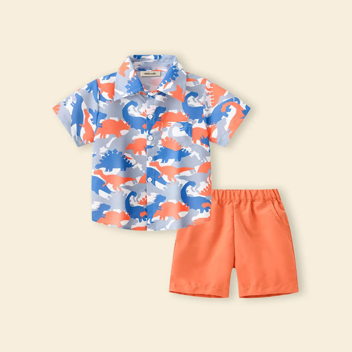 Boys Orange Dinosaur Print Short Sleeves Button-Down Shirt With Shorts Set Sets