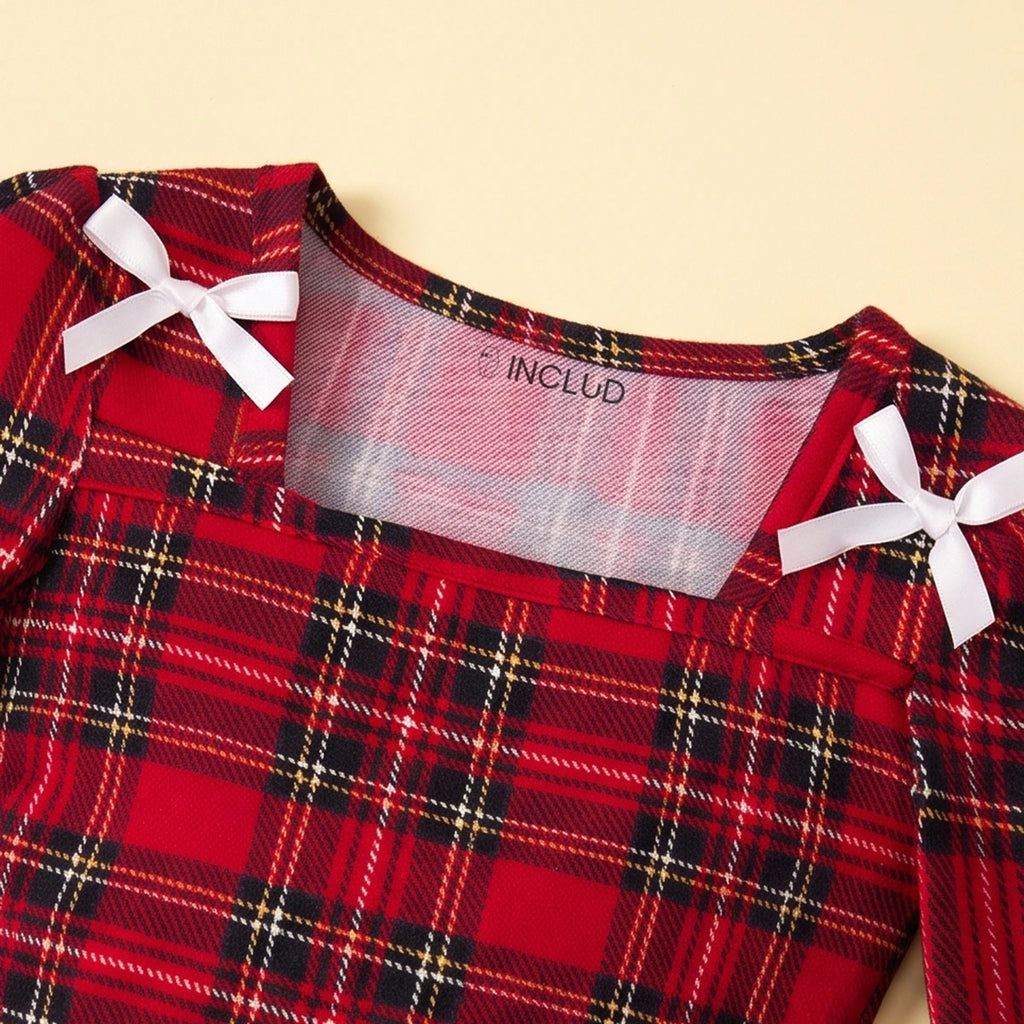Girls Red Checked Long Sleeve Balloon Dress Casual Dresses