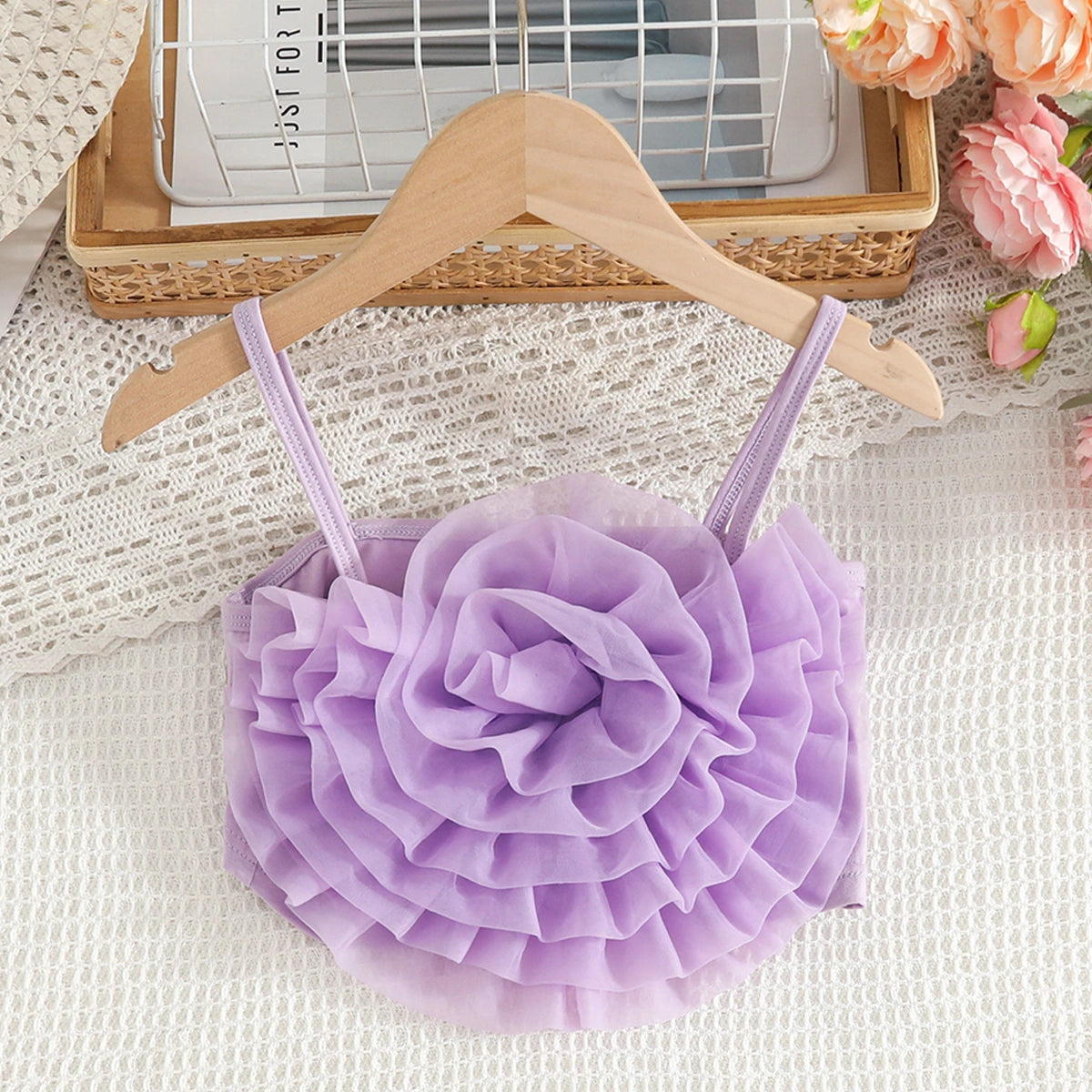 Girls Purple 3D Flower Applique Crop Top With Denim Skirts Set Sets