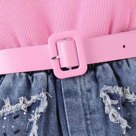 Girls Sleeveless Knitted Top With Denim Shorts & Belt Set Sets   