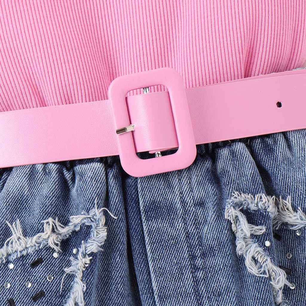Girls Sleeveless Knitted Top With Denim Shorts & Belt Set Sets   