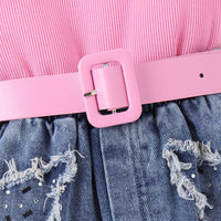 Girls Sleeveless Knitted Top With Denim Shorts & Belt Set Sets   