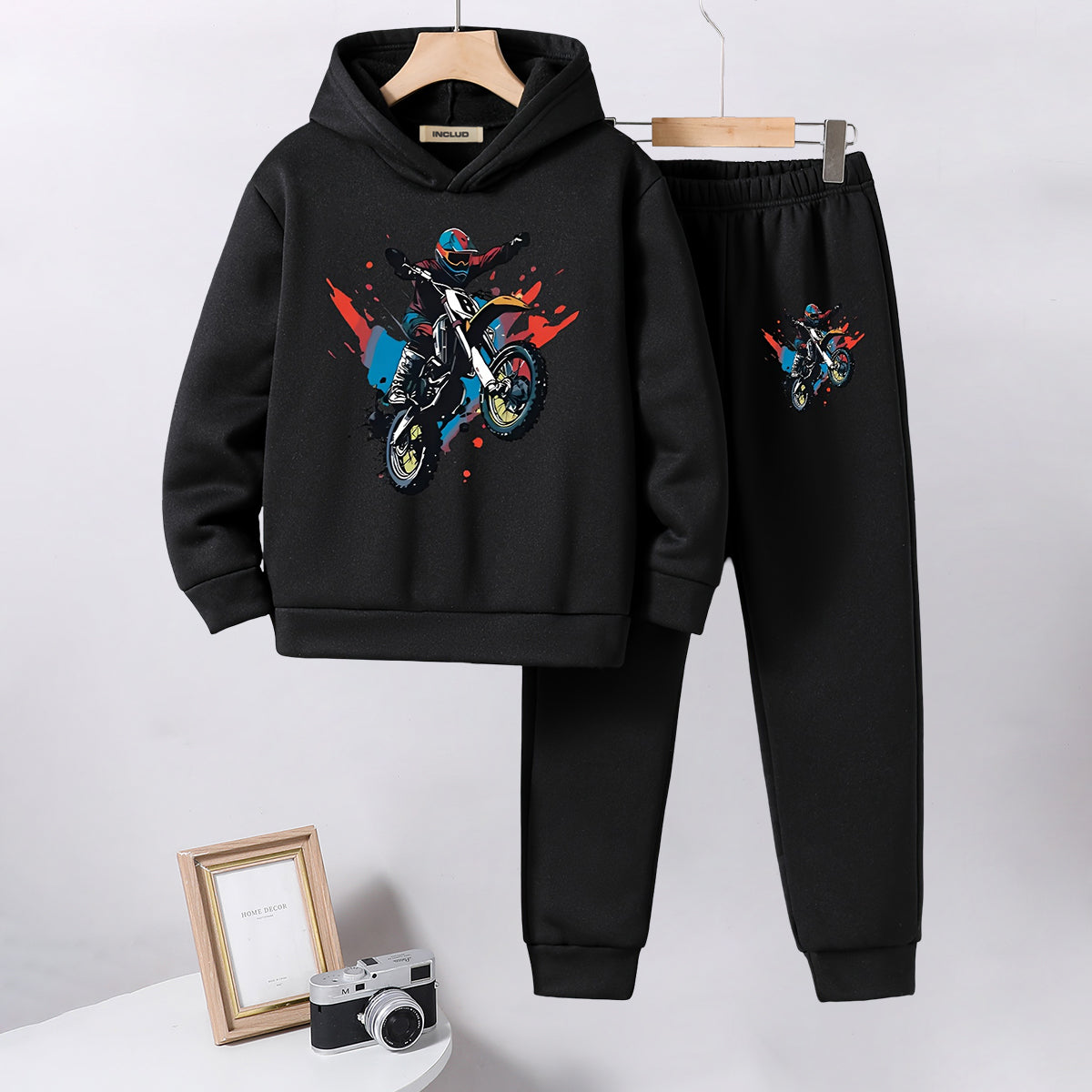 Boys Black Motorcycle Printed Hooded Sweatshirt with Joggers Set Sets Black 5-6 Y