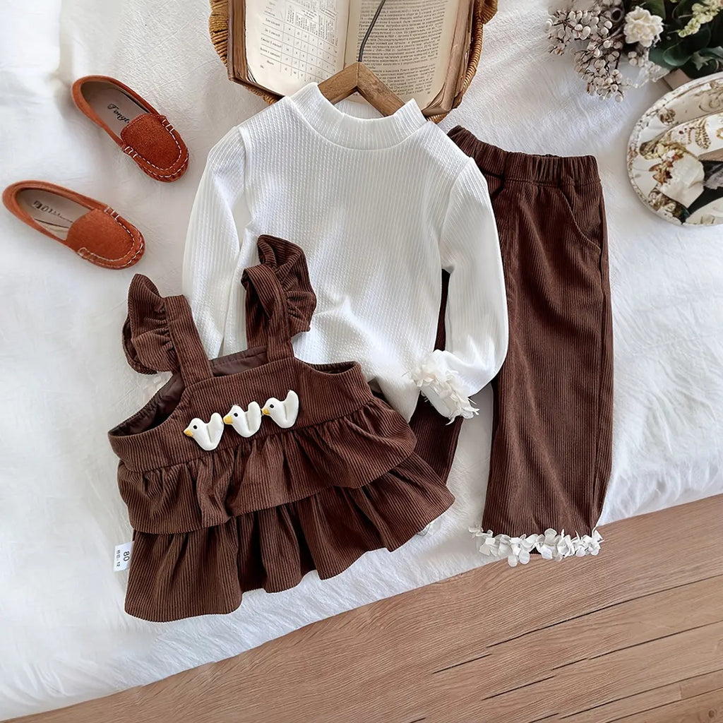 Girls Knitted Long Sleeves Top With Brown Corduroy Tiered Top & Pant Sets Sets
