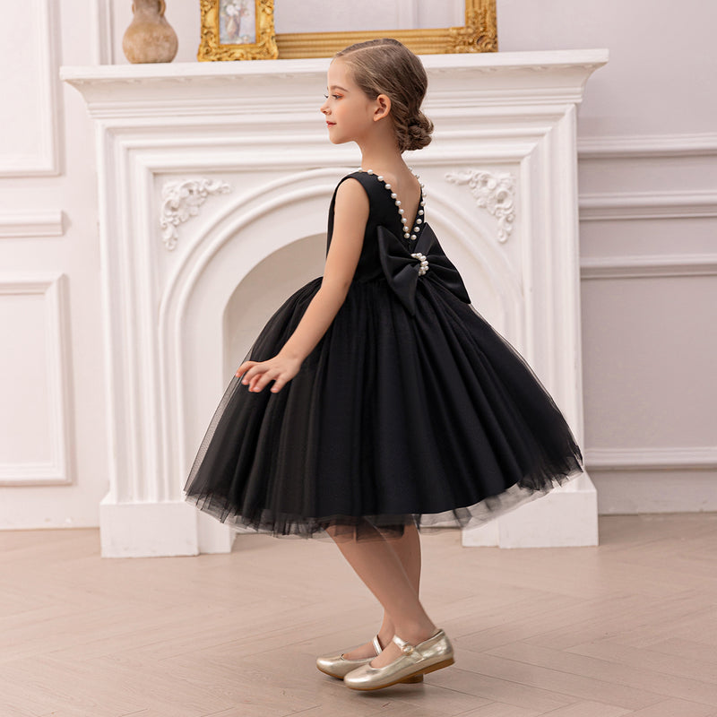 Girls Black Duchess Satin with Beaded Neck Tulle Overlay Party Dress Party Dresses