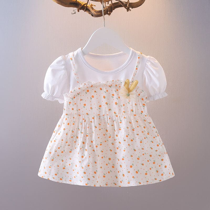 Girls Floral Printed Short Sleeves Casual Dress Casual Dresses Orange 4-5 Y 