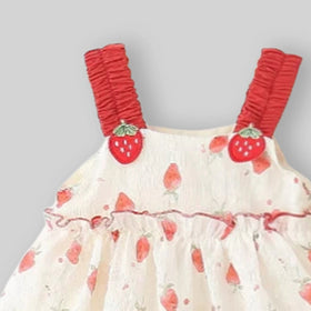 Girls Off White Strawberry Print A-Line Dress With Sun Hat Casual Dresses