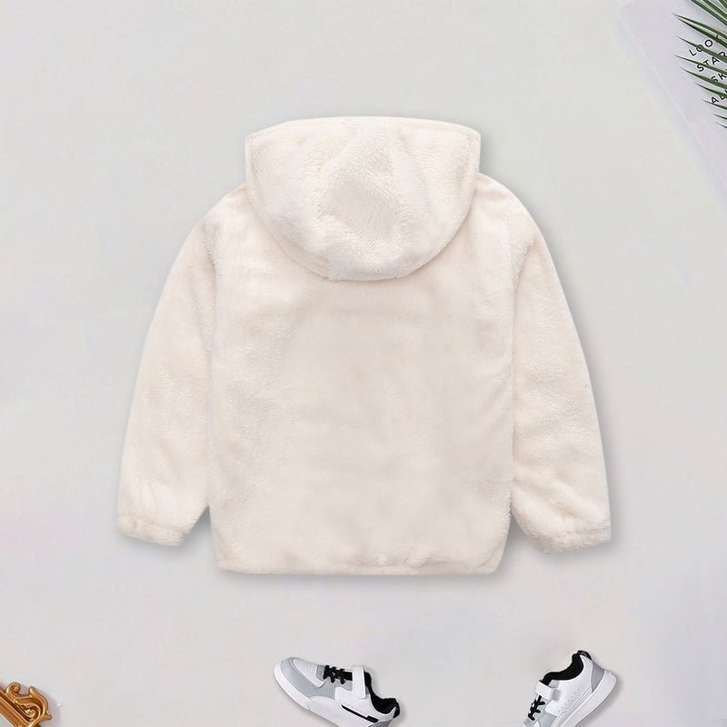Girls Off White Fur Front Zipper Hooded Winter Jacket Coats & Jackets
