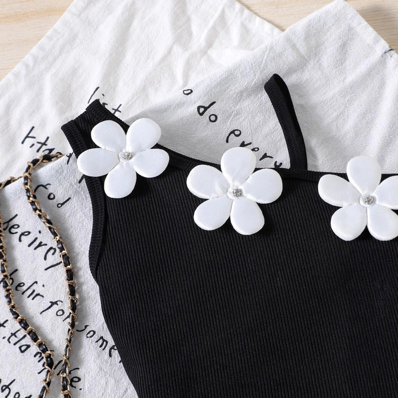 Girls Black Floral Applique One-Shoulder Top With Shorts Sets 2 pc. Sets