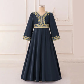 Girls Dark Grey Embroidered Drop-Waist Dress With Long Sleeeves Casual Dresses Dark Grey 7-8 Y