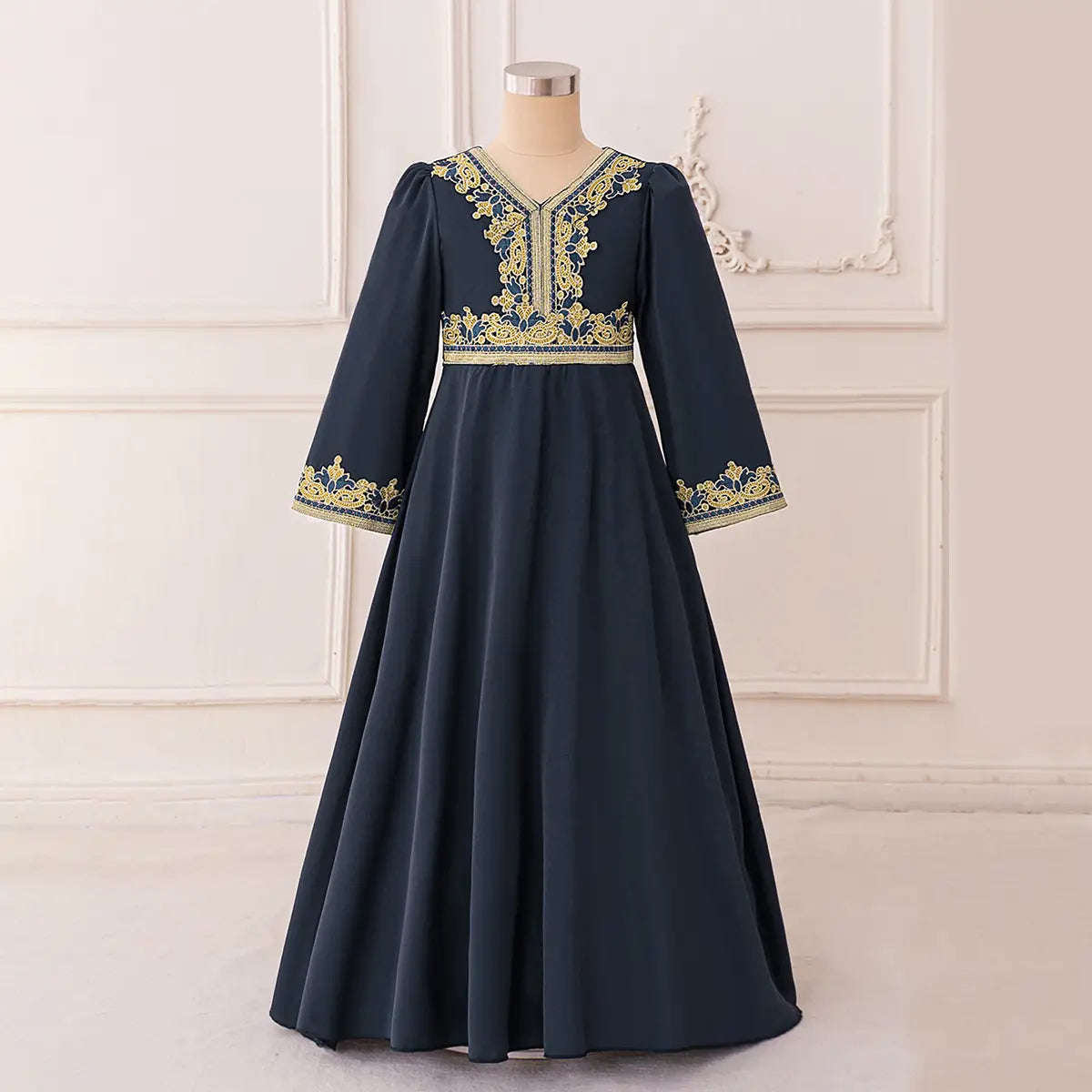 Girls Dark Grey Embroidered Drop-Waist Dress With Long Sleeeves Casual Dresses Dark Grey 7-8 Y
