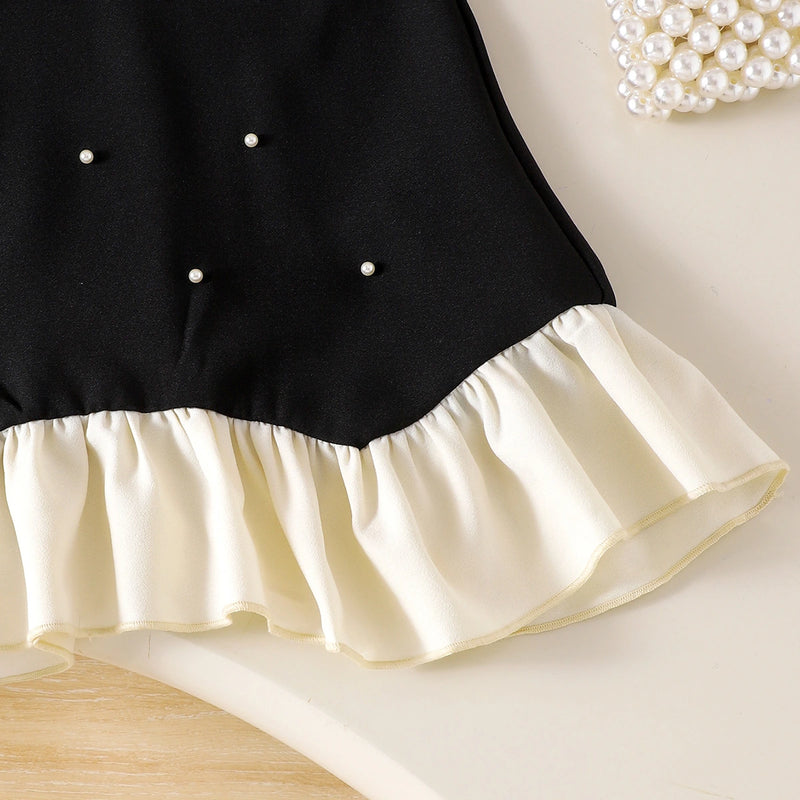 Girls Black Pearl Embellished Sleeveless A-Line Dress Casual Dresses