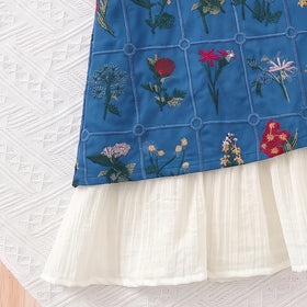 Girls Blue Sleeveless Floral Embroidered A-line Dress Casual Dresses