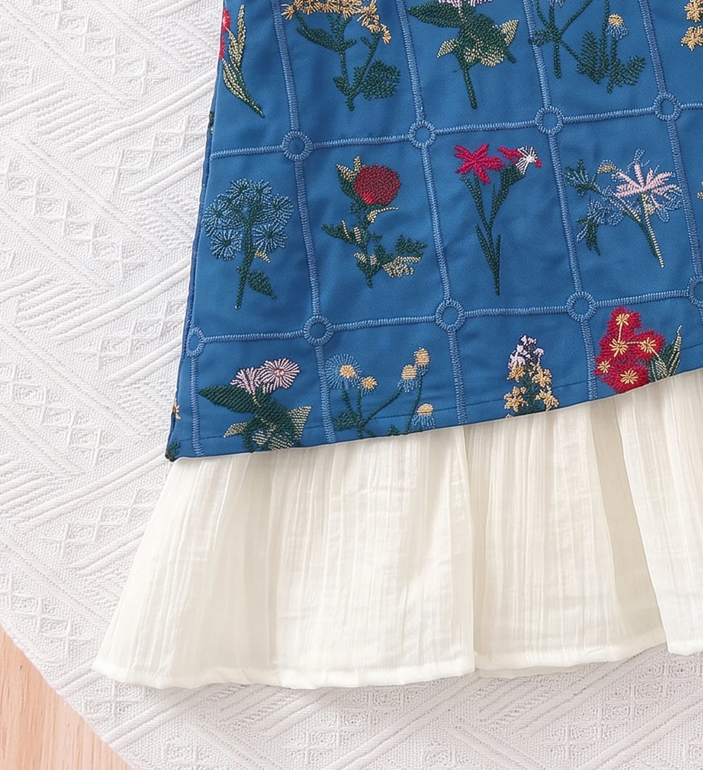 Girls Blue Sleeveless Floral Embroidered A-line Dress Casual Dresses