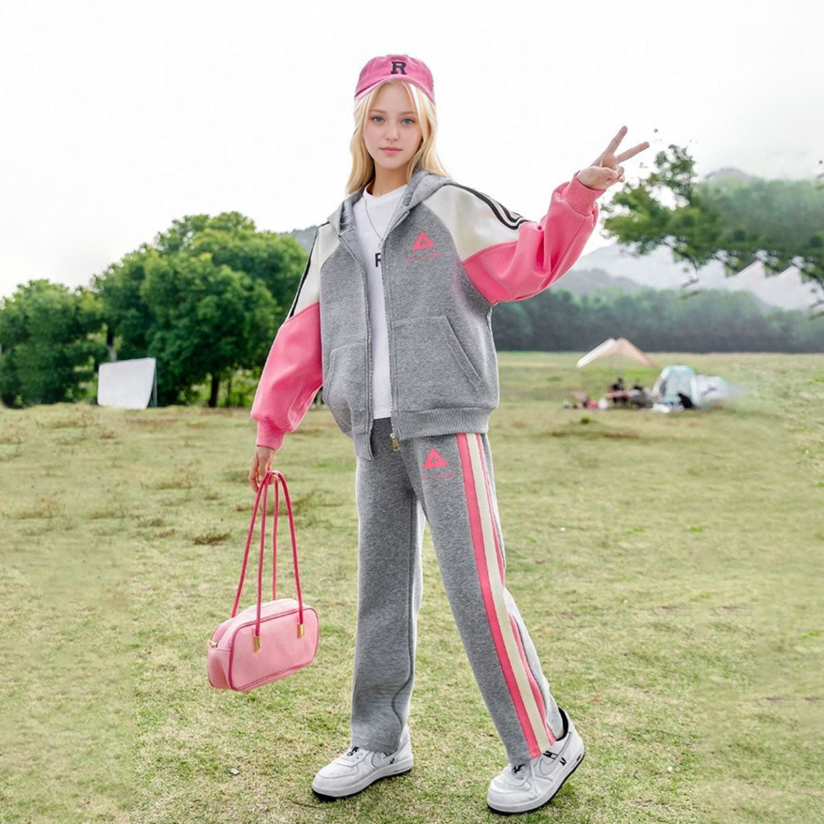 Girls Grey Colorblocked Front Zipper Hooded Jacket With Pants Winter Set 2 pc. Sets