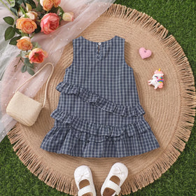 Girls Navy Blue Checked Sleeveless A-line Dress Casual Dresses