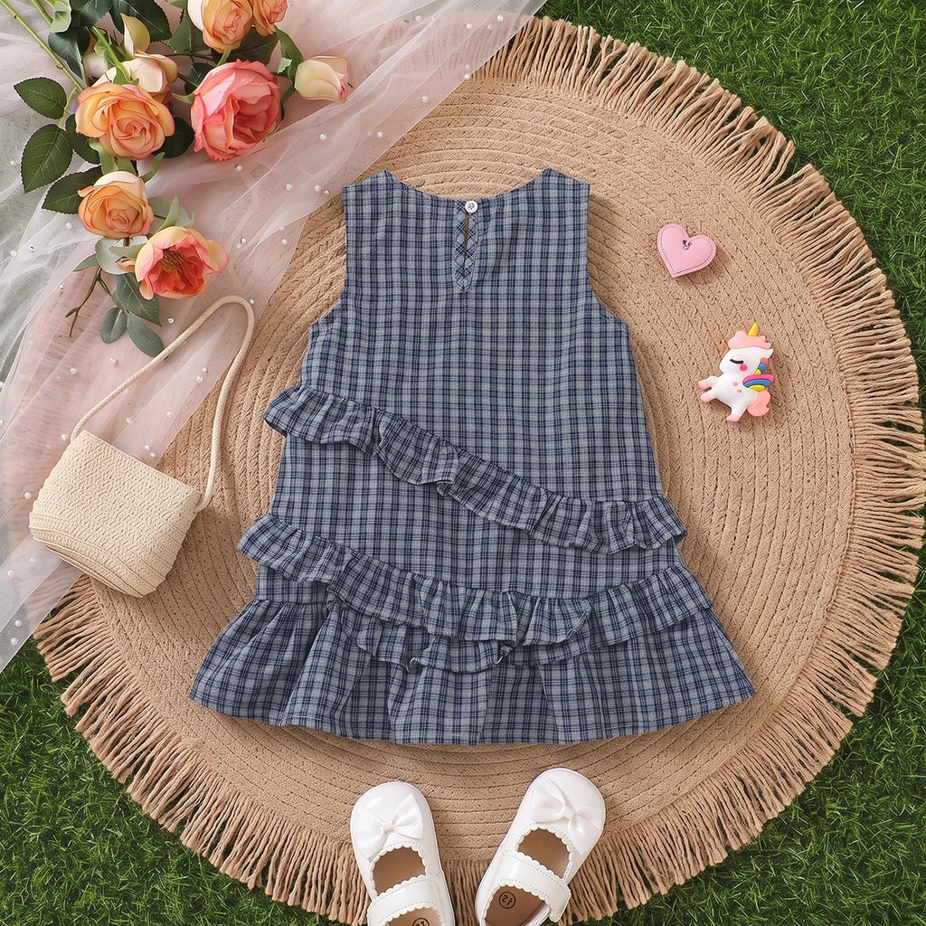 Girls Navy Blue Checked Sleeveless A-line Dress Casual Dresses